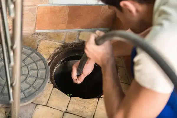 Technician using hydro jetting equipment to clean sewer line in NJ
